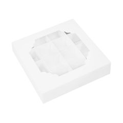 Caja para 16 bombones o pasteles blanca con ventana 15 x 15 x 3,5 cm