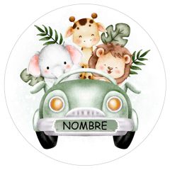 Papel de azúcar - Nombre en coche animalitos selva 20 cm - Impresión comestible personalizada