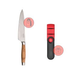 Cuchillo del Chef con mango de madera de olivo 20 cm - Acero damasco - Le Creuset + REGALO afilador