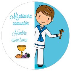 Papel de azúcar - Nombre y fecha Mi primera comunión azul 20 cm - Impresión comestible personalizada