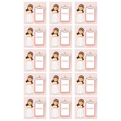 Papel de azúcar - 15 diseños iguales en Cuadrados de 5 cm Mi primera comunión (rosa) con foto personalizada 