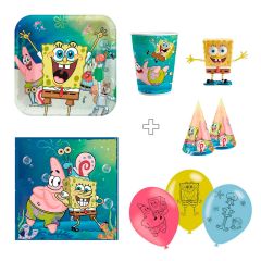 Pack de fiesta: 8 platos, 8 vasos, 40 servilletas, 6 globos, 6 gorritos y 1 figurita - Bob Esponja