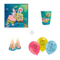 Pack de fiesta: 40 servilletas, 8 vasos, 6 globos y 6 gorritos - Bob Esponja