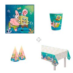 Pack de fiesta: 40 servilletas, 24 vasos, 18 gorritos y 1 mantel - Bob Esponja