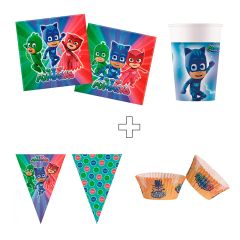 Pack de fiesta: 16 vasos, 20 servilletas, 50 cápsulas y 2 guirnaldas - PJ Masks