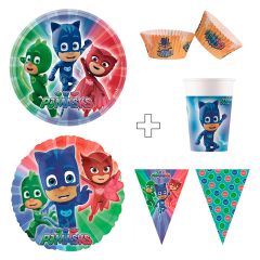 Pack de fiesta: 8 platos, 8 vasos, 25 cápsulas, 1 guirnalda y 1 globo - PJ Masks