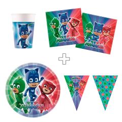Pack de fiesta: 8 platos, 8 vasos, 20 servilletas y 1 guirnalda - PJ Masks