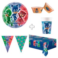 Pack de fiesta: 8 platos, 8 vasos, 25 cápsulas, 1 guirnalda y 1 mantel - PJ Masks