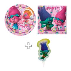 Pack de fiesta: 8 platos, 20 servilletas y 1 vela - Trolls