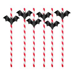 Pajitas de papel rayas rojas con murciélagos (6) - PartyDeco
