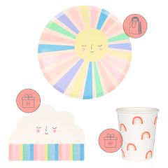 Platos con bordes rectos Arcoíris 26 cm (8) - Meri Meri + REGALO servilletas y vasos