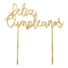 Topper Feliz cumpleaños acrílico dorado efecto espejo 17 cm