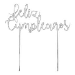 Topper Feliz cumpleaños acrílico plateado efecto espejo 17 cm