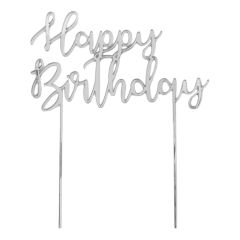 Topper Happy Birthday acrílico plateado efecto espejo 17 cm