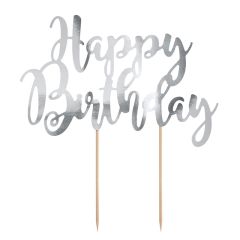 Topper Happy Birthday plateado 20 cm - PartyDeco
