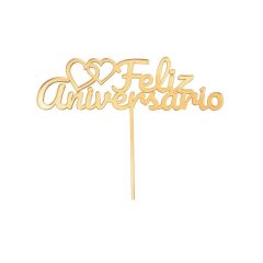 Topper para tartas dorado Feliz Aniversario con corazones 12 cm