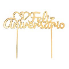 Topper para tartas dorado Feliz Aniversario con corazones 18 cm