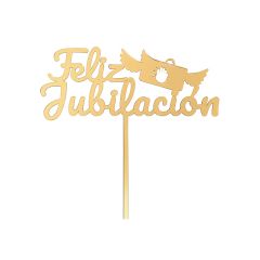 Topper para tartas dorado Feliz Jubilación con maletín 12 cm