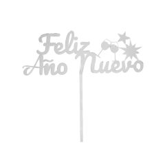 Topper para tartas plateado Feliz Año Nuevo 12 cm