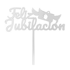 Topper para tartas plateado Feliz Jubilación con maletín  18 cm