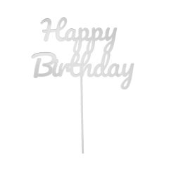 Topper para tartas plateado Happy Birthday 12 cm