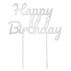 Topper para tartas plateado Happy Birthday 18 cm