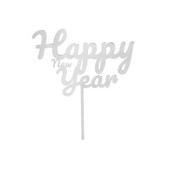 Topper para tartas plateado Happy New Year 12 cm