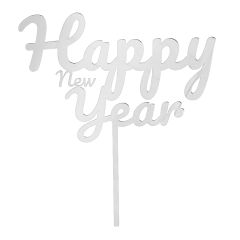 Topper para tartas plateado Happy New Year 18 cm