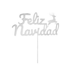 Topper para tartas plateado Feliz Navidad con reno 12 cm