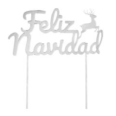 Topper para tartas plateado Feliz Navidad con reno 18 cm