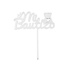 Topper para tartas plateado Mi Bautizo con osito y chupete 12 cm