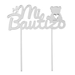 Topper para tartas plateado Mi Bautizo con osito y chupete 18 cm
