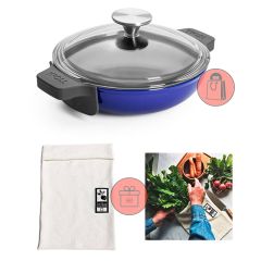 Wok Iron azul cobalto tapa cristal 20 cm - Hierro fundido - Woll + REGALO bolsa conservación
