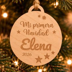 Bola personalizada para árbol de Navidad - Madera grabada - Mi primera Navidad