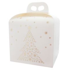 Caja para panettone blanca con árbol y estrellas doradas 20 cm