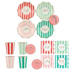 Platos con bordes ondulados rayas Navidad 21,5 cm (8) - Meri Meri + REGALO vasos y servilletas