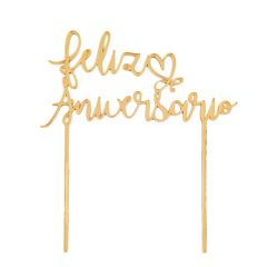 Topper Feliz Aniversario acrílico dorado efecto espejo 15 cm