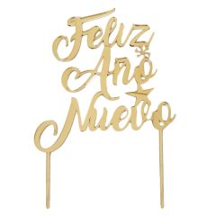 Topper Feliz Año Nuevo acrílico dorado efecto espejo 18 cm