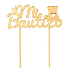 Topper para tartas dorado Mi Bautizo con osito y chupete 18 cm