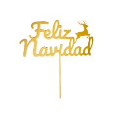 Topper para tartas dorado Feliz Navidad con reno 12 cm
