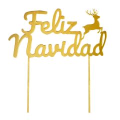 Topper para tartas dorado Feliz Navidad con reno 18 cm