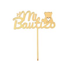 Topper para tartas dorado Mi Bautizo con osito y chupete 12 cm