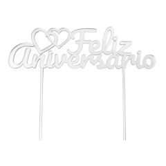 Topper para tartas plateado Feliz Aniversario con corazones 18 cm
