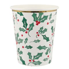 Vasos de papel acebo Navidad 250 ml (8) - Meri Meri